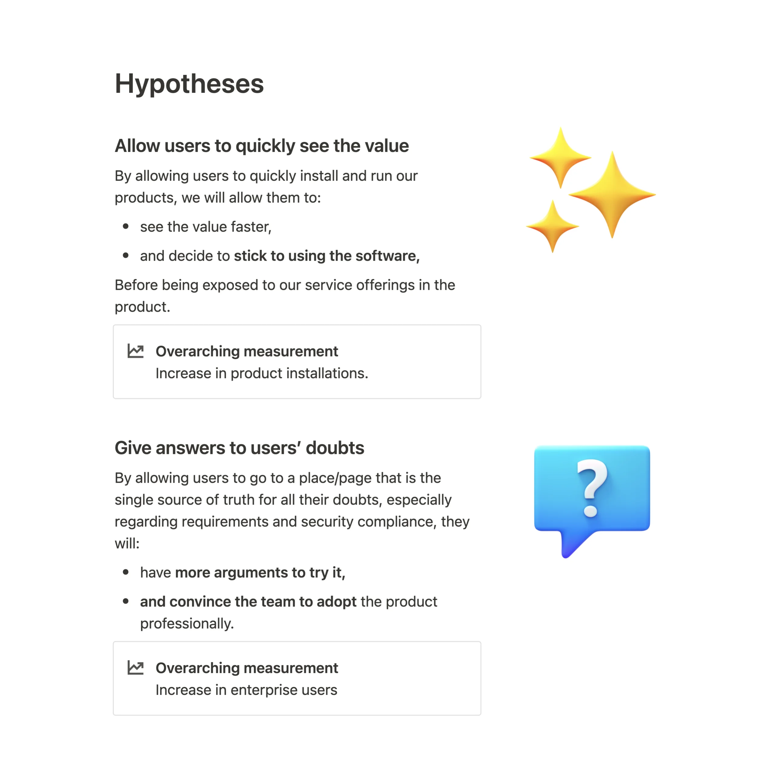 Documentation snippet listing some hypotheses on the table a team is working on to solve the problems.