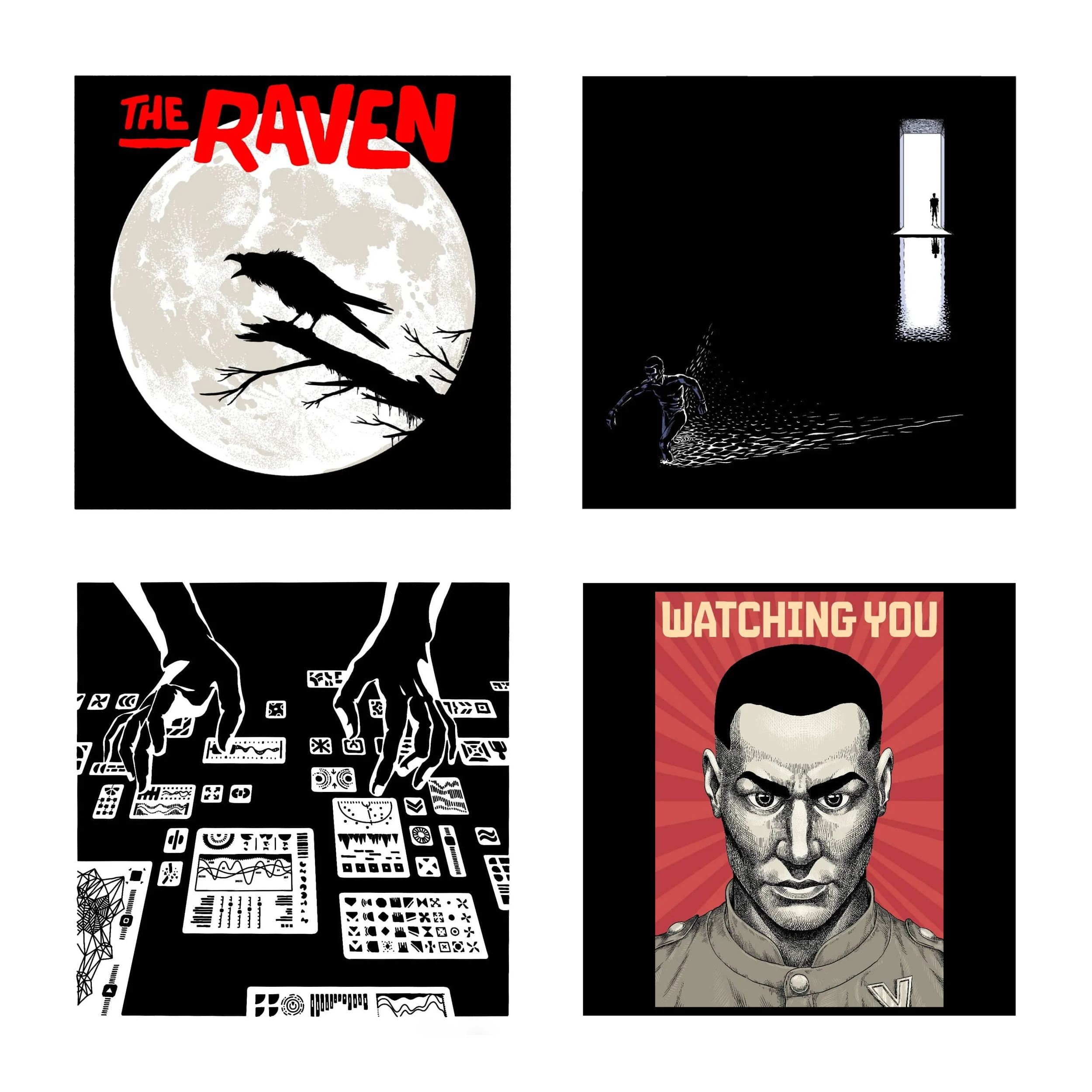 A selection of 4 illustrations that look like a book cover or movie poster: a raven before the moon; a man in escape on a dark room filled with water; a pair of hands manipulating a futuristic dashboard; and a portrait of an intimidating man with the title &#x27;Watching You.&#x27;