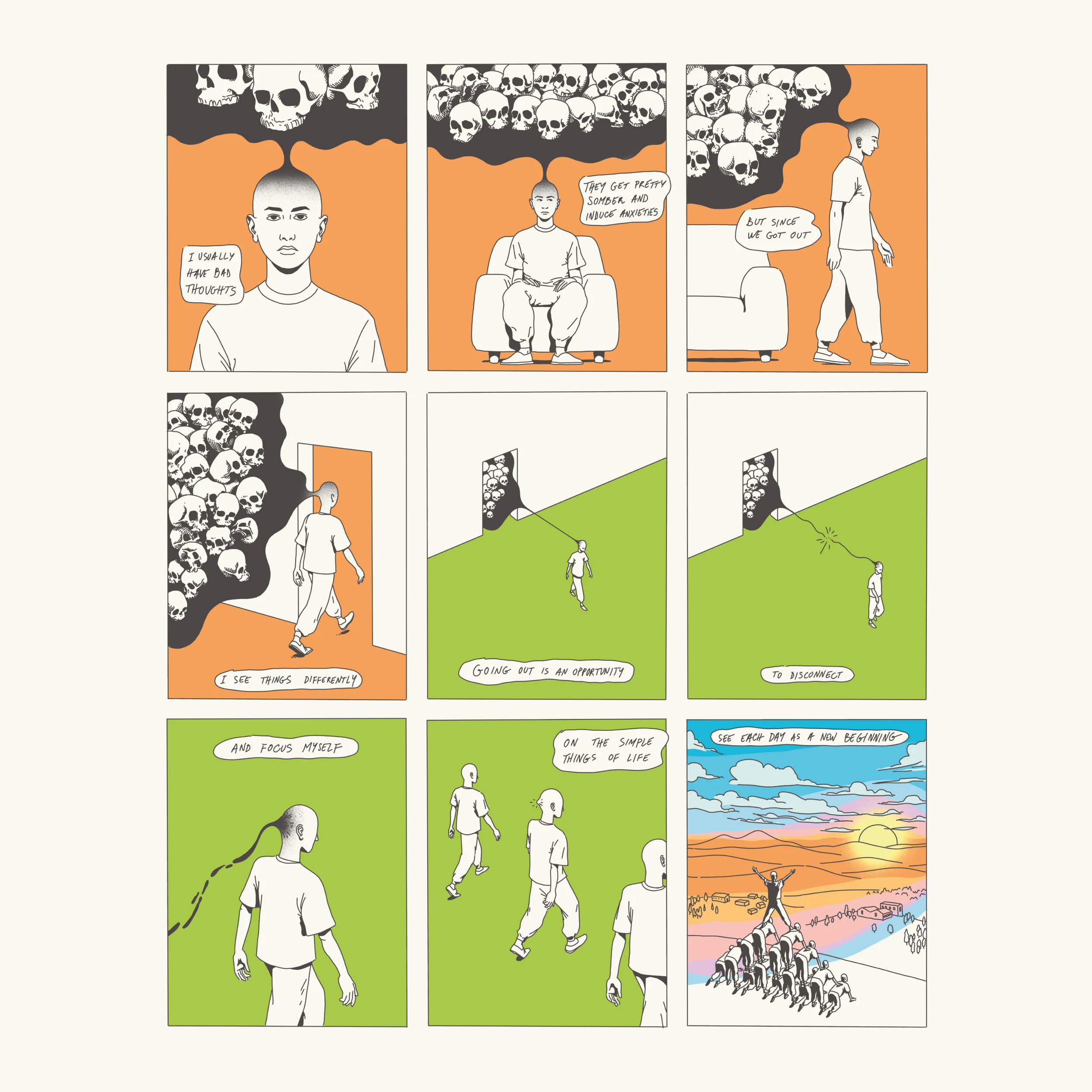 Comic book page with 9 panels illustrating a person that starts with negative thoughts inside their house but eventually ends up rejoicing with others outdoors.