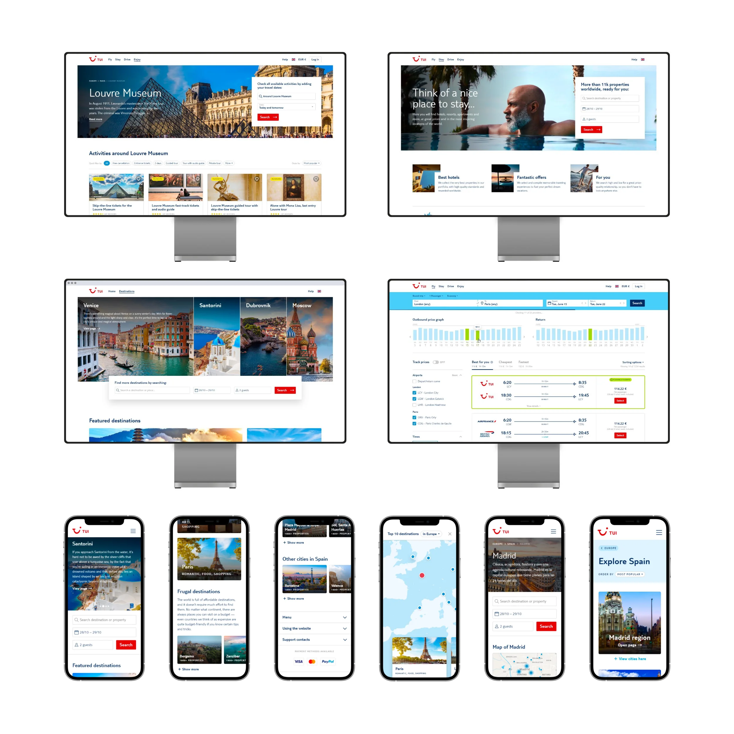 Series of mockups of an eCommerce website for travel experiences. It has a lot of imagery from travel destinations, featuring beaches, pools, and hotel imagery.