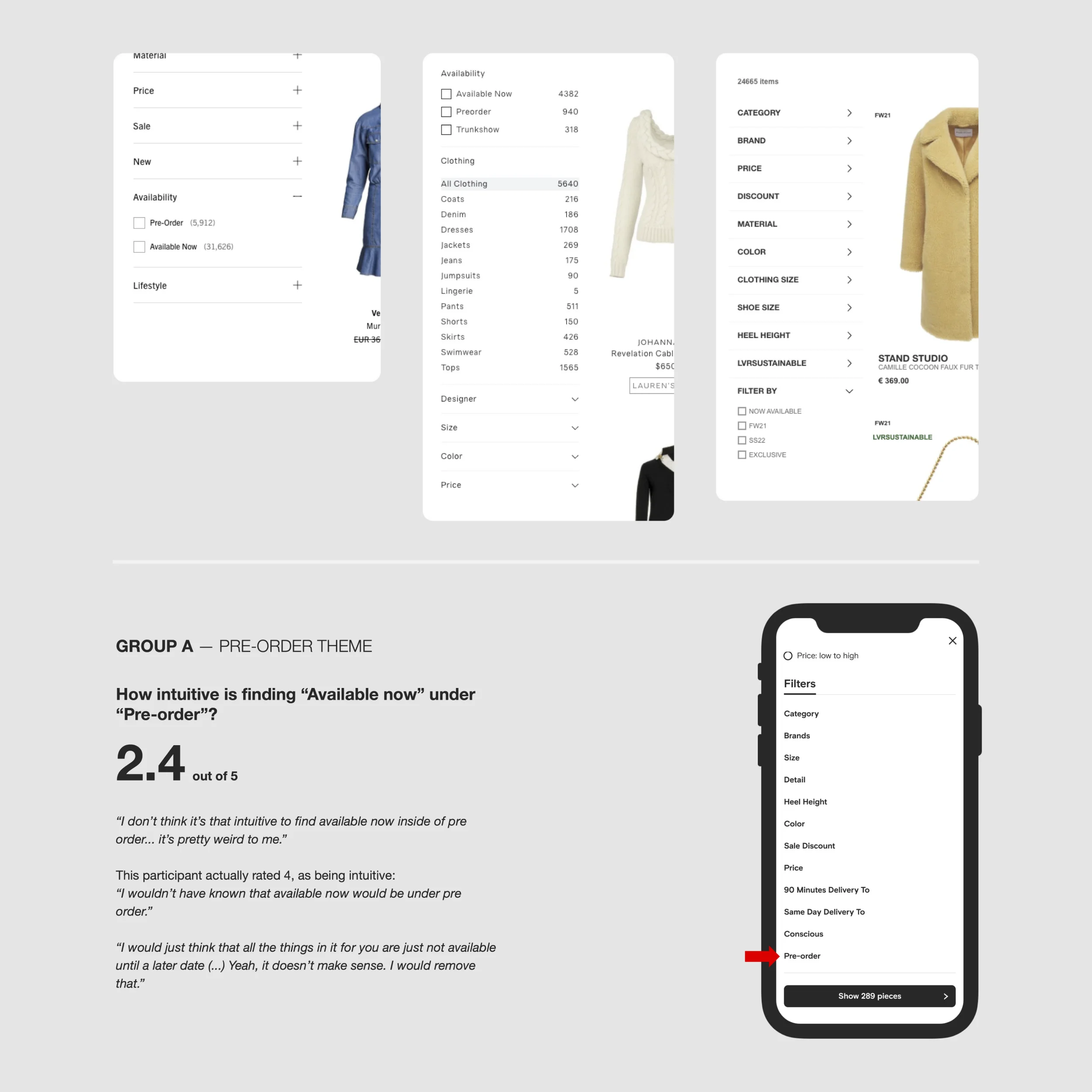 A row of visual benchmarking of 3 different filtering panels of e-commerce, and below a presentation snippet of a user testing with a 2.4 rating out of 5 and user quotes.