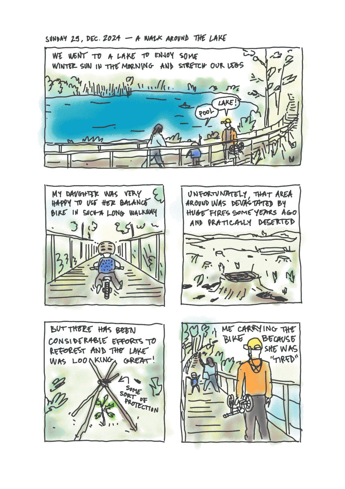 1 page comics about last Sunday where i took a stroll with my family around a nearby lake.