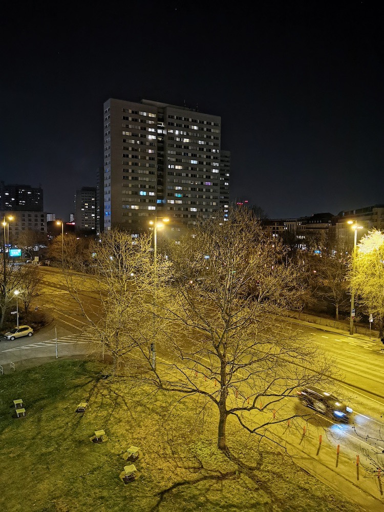 View of a highway at night, from the hotel window.