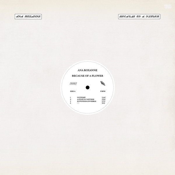 Off white or beige background sleeve with the vinyl label at the center visible, with the tracklist in black over white. Top left corner with the artist's name, top right corner with the name of the album. It's in black and in a very decorative, cursive font that makes a little unreadable, firthermore the font size is small.
