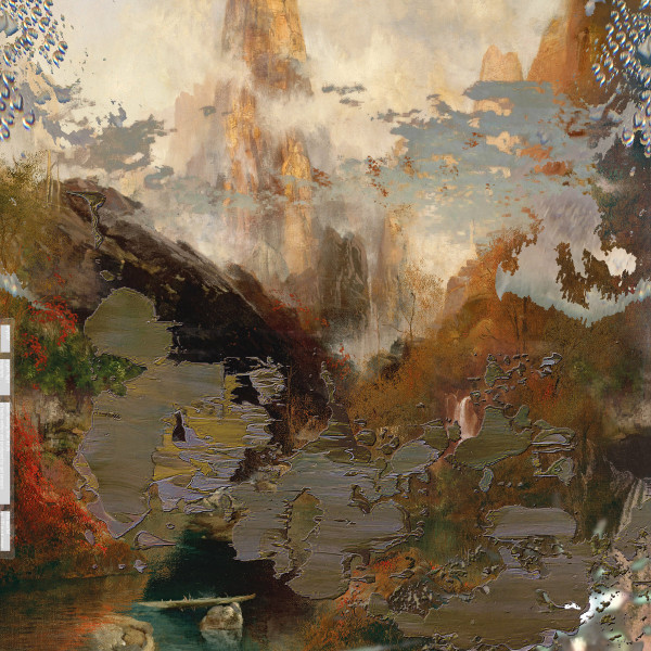 Expressionist painting, where the only distinguishable figures are some mountains overlapped with a lot of paint splashes and stains. The color scheme looks brownish and grayish.