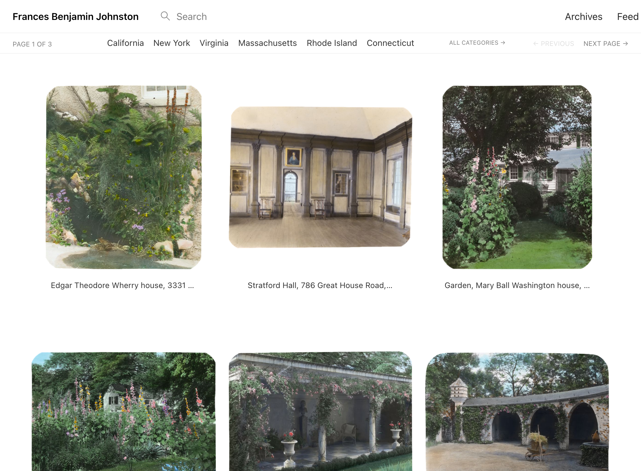 Website screenshot with a grid of photos of gardens. Below each a description and on there is also a navigation system that allows you to filter.