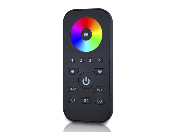 Image of a remote control, similar to a TV one but for lights with a big rainbow circle on the top of the button's surface