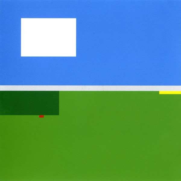 This image, from the inner cover, is like a very abstract representation of the pastoral landscape photo made with rectangles of colors. Predominant colors are the green for the land and blue for the sky. Other smaller rectangles represent the details.