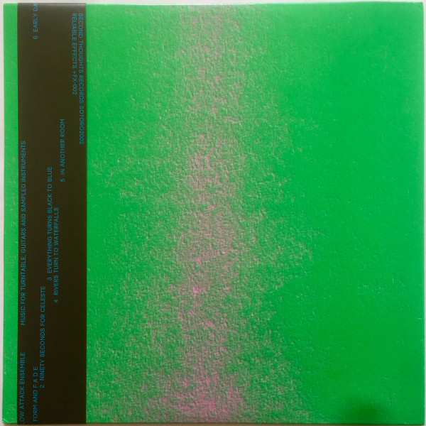 Rugged texture with fluor colors ranging from mostly green to a center, vertical pink smudge. Has a black ribbon to the left side with the album details written in blue