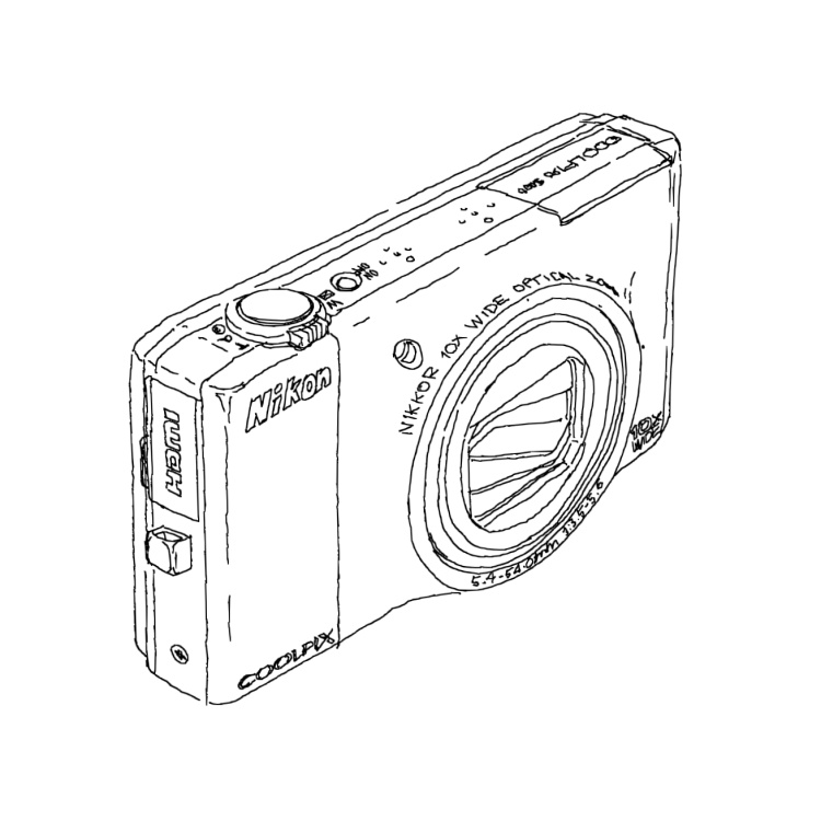 Line drawing of a digital compact photo camera, a Nikon Coolpix